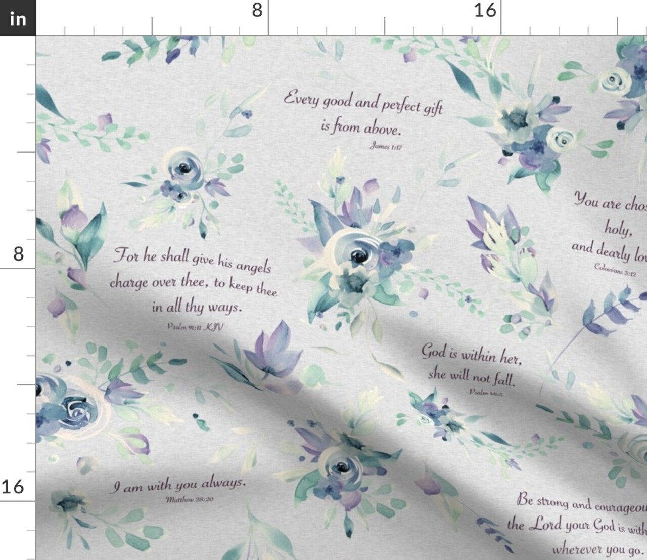 Floral Bible Verse Religious Scripture Christian Psalm Religion Flowers Blue Custom Printed Fabric by Spoonflower Various Fabrics by the Yard or Fat Quarter